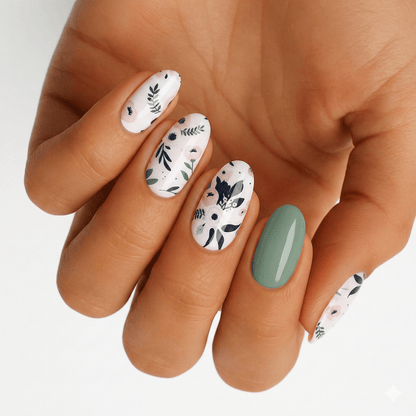 Sage green and white botanical nail wraps with delicate leaf patterns on hand manicure
