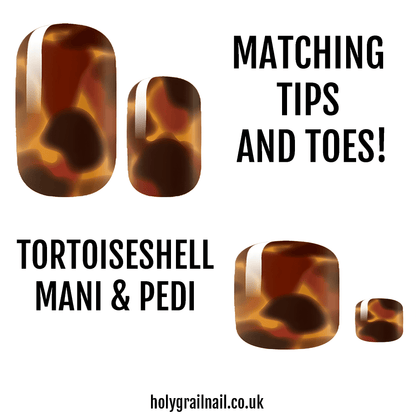 Tortoiseshell pattern nail wraps in brown and amber tones for matching manicure and pedicure