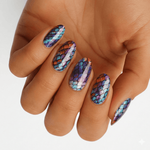 Holographic mermaid scale nail wraps on hand showing iridescent blue purple nail art