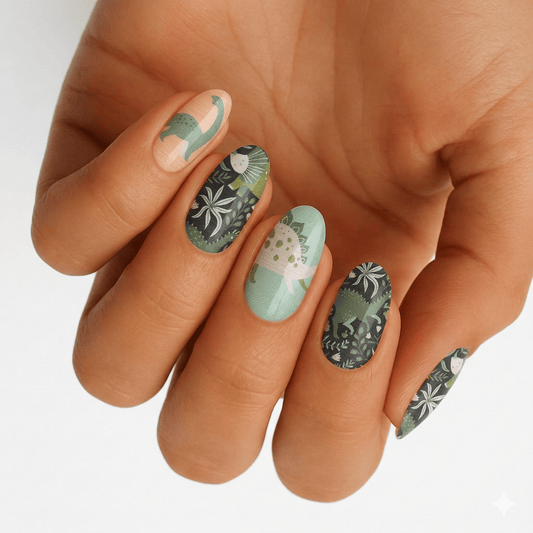 Dinosaur nail wraps on hand sage green coral botanical pattern prehistoric design