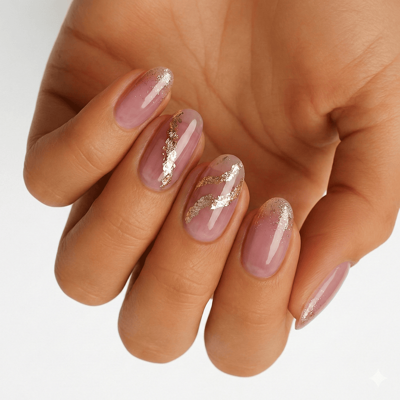 Rose gold foil nail wraps on hand showing dusty pink marble stone pattern