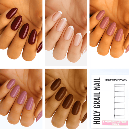 Five hands displaying caramel nude nail wraps in brown and beige tones for classic manicure
