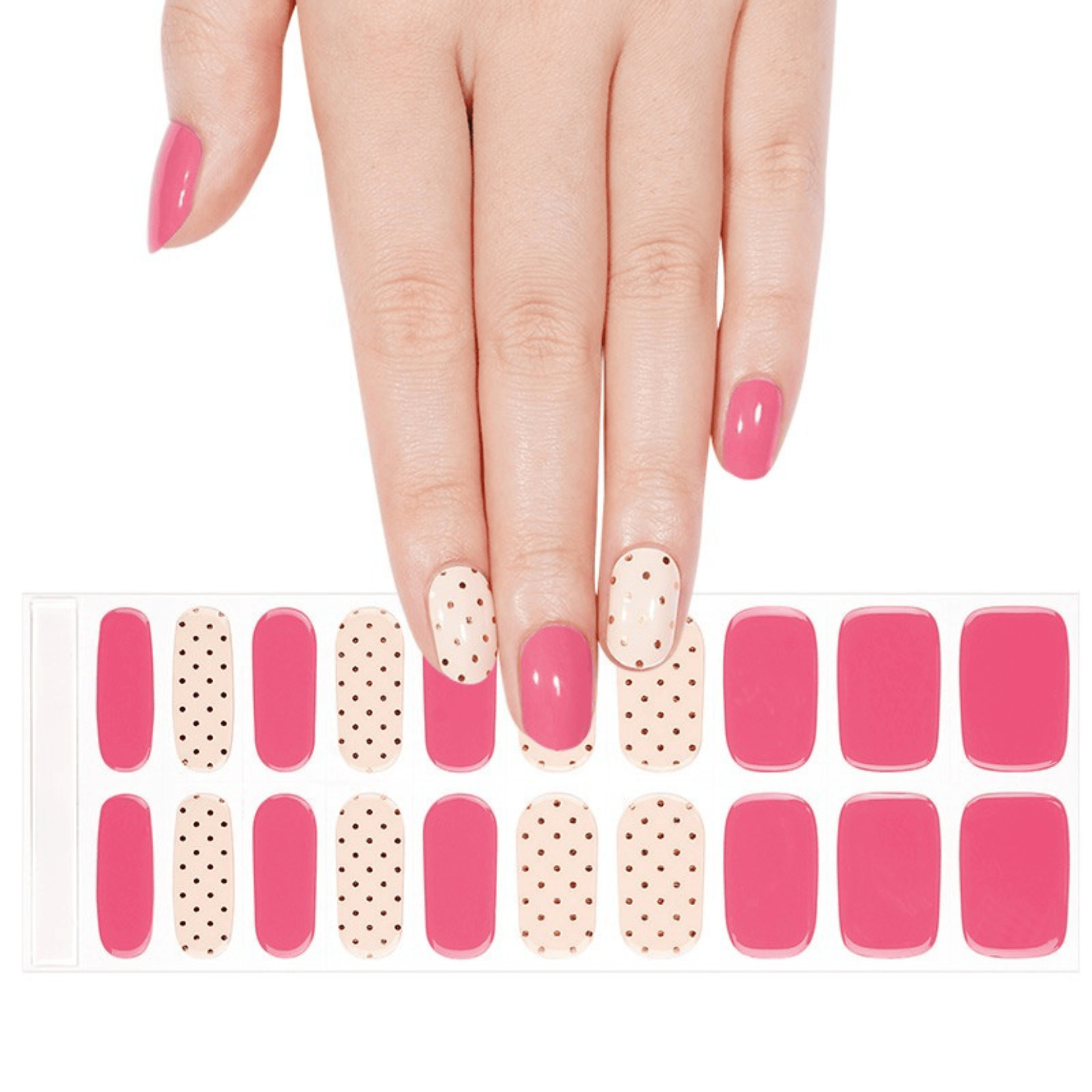 Pink polka dot semi-cured gel nail wraps sheet showing bonbon pattern design