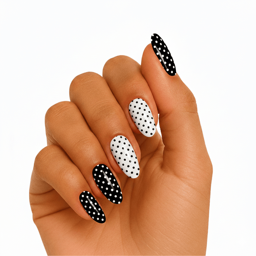 Black and white polka dot gel nails on hand showing monochrome dotted nail art