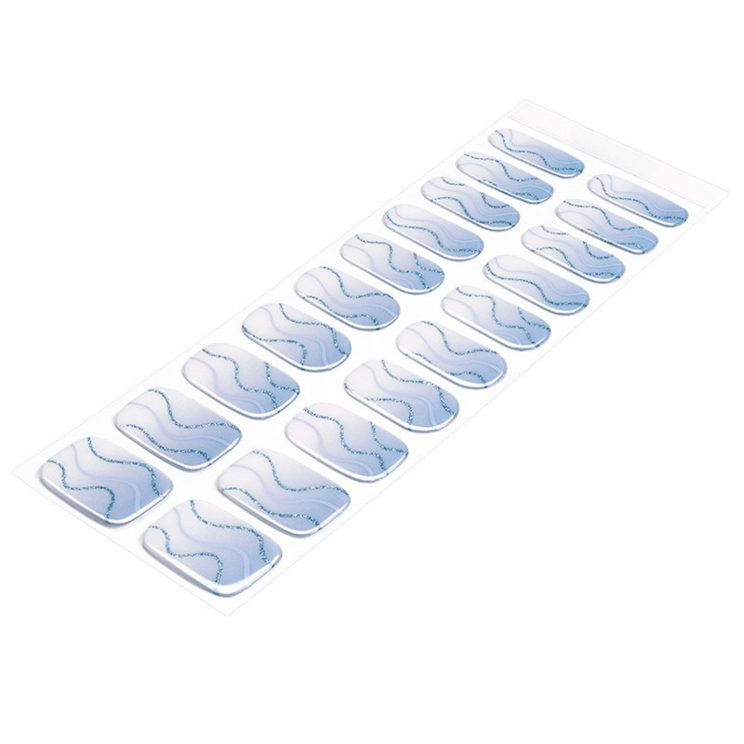 Blue marble effect gel nail wraps with flowing wave patterns in powder blue