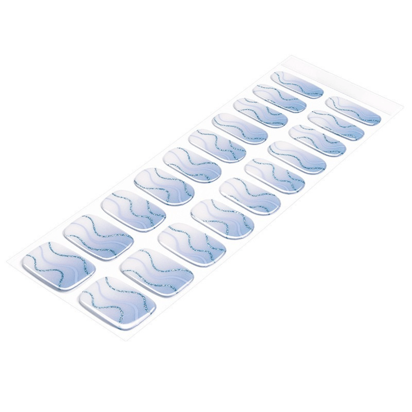 Blue marble effect gel nail wraps with flowing wave patterns in powder blue