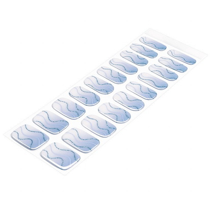 Blue marble effect gel nail wraps with flowing wave patterns in powder blue