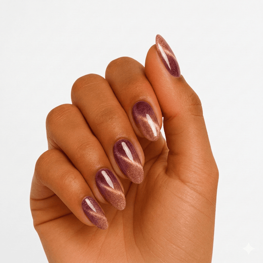 Rose gold shimmer gel nail wraps on hand showing metallic finish manicure