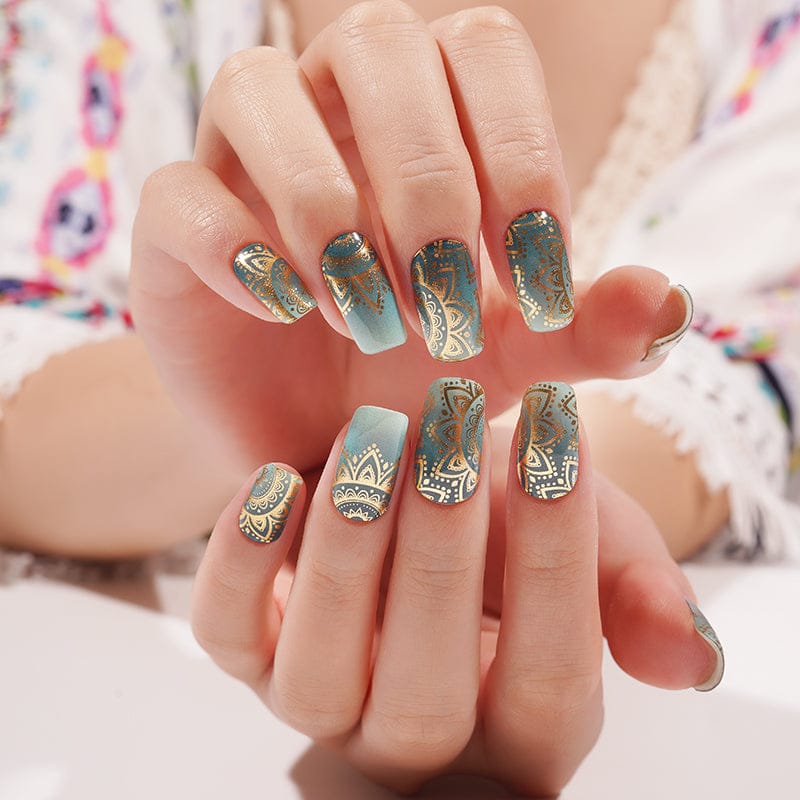 Turquoise and gold mandala semi-cured gel nail wraps bohemian design