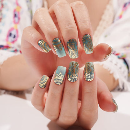 Turquoise and gold mandala semi-cured gel nail wraps bohemian design