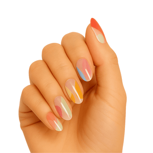 Hand showing translucent gel nail wraps in pastel rainbow gradient colours for at-home manicure