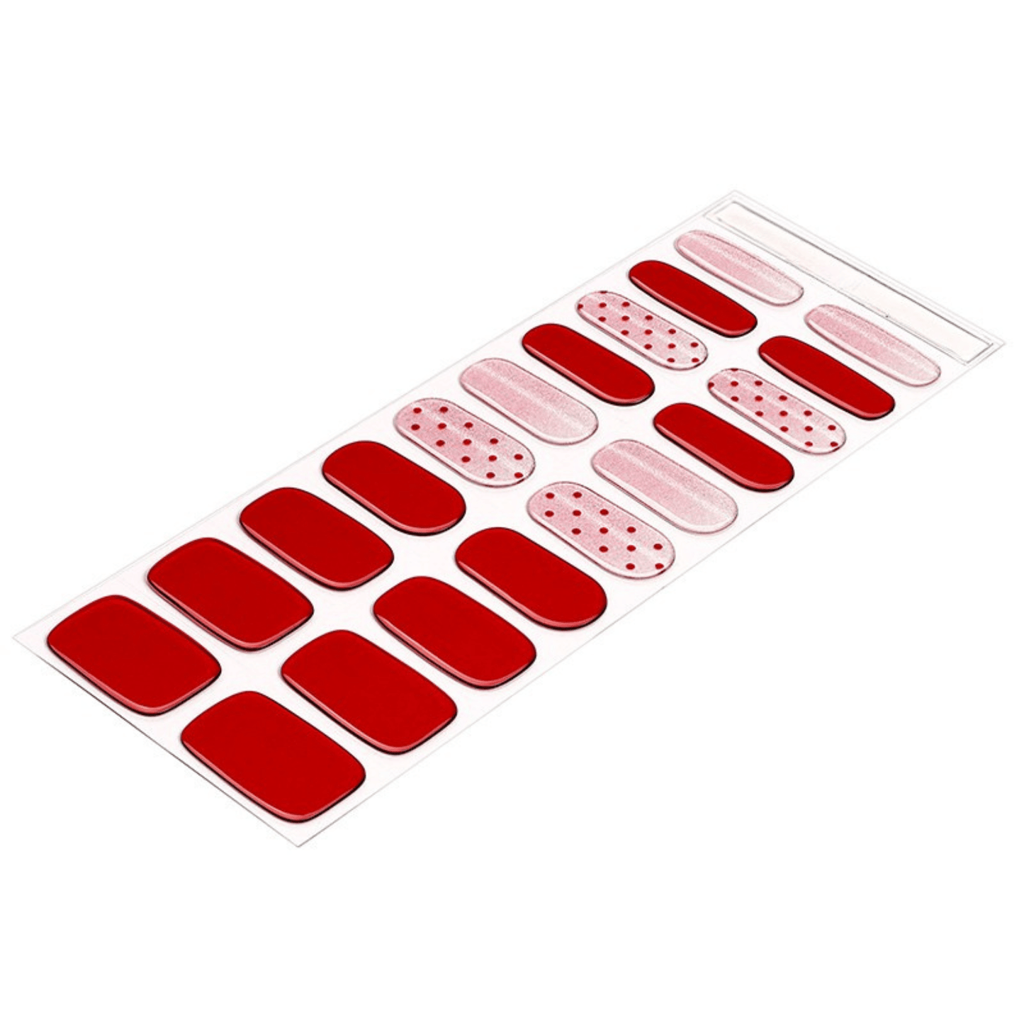 Red and pink polka dot gel nail wrap sheet showing individual nail designs