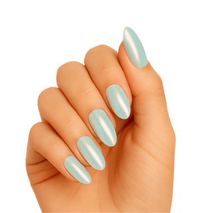 Mint green iridescent gel nail wraps on hand showing holographic pearl finish