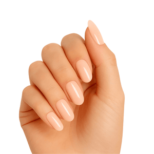 Glossy peach gel nail wraps on hand showing natural coral manicure finish