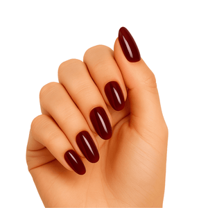 Deep burgundy wine red gel nail wraps on hand glossy finish