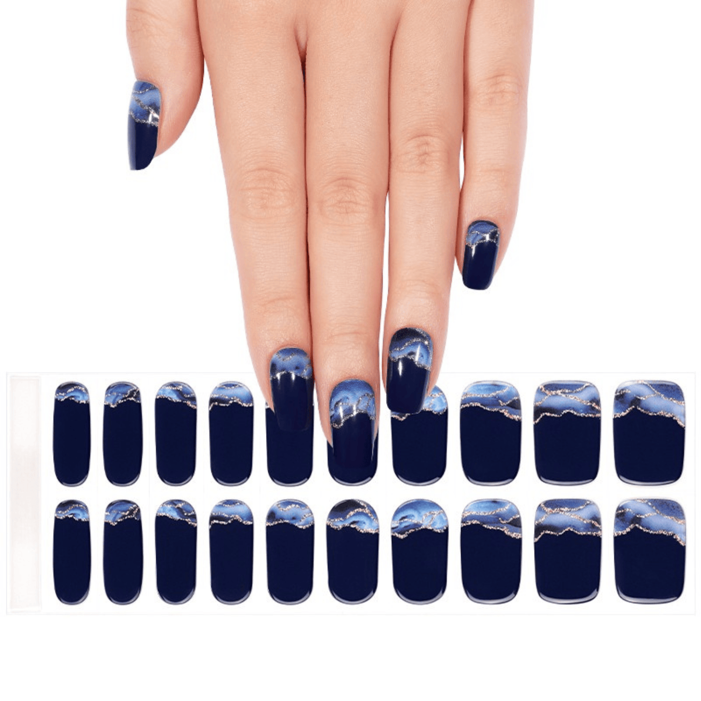 Complete set of navy blue storm gradient gel nail wraps with hand model demonstration