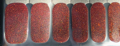 Deep red holographic glitter nail wraps with fine sparkle finish